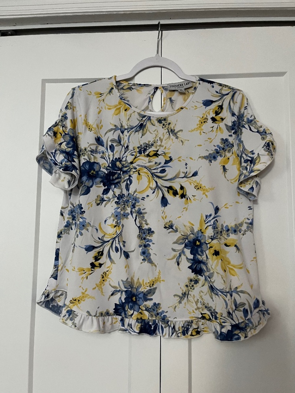 Southern Lady Petite Small Blue Yellow Blouse